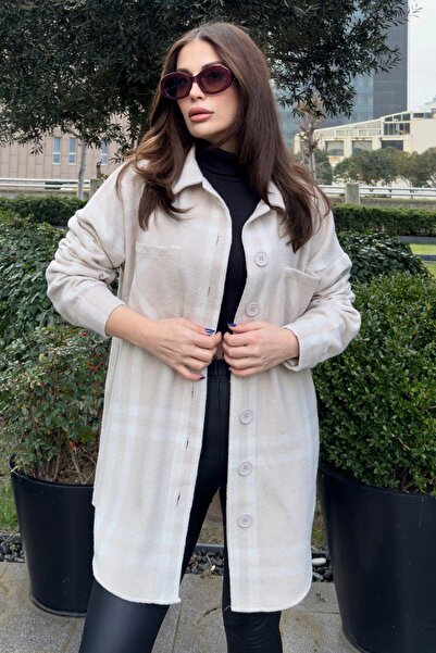 NEW LAVİVA Buzunar dublu bej pentru femei, model în carouri, potrivire confortabilă, cămașă cu ștampilă lungă