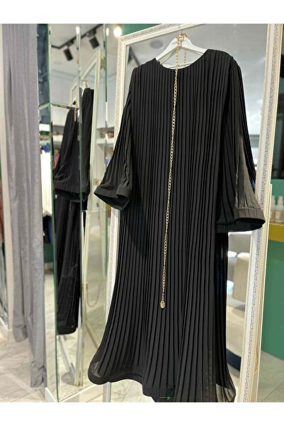 MERAM BUTİK ADN PİLİSELİ ŞİFON ELBİSE - SİYAH - 3