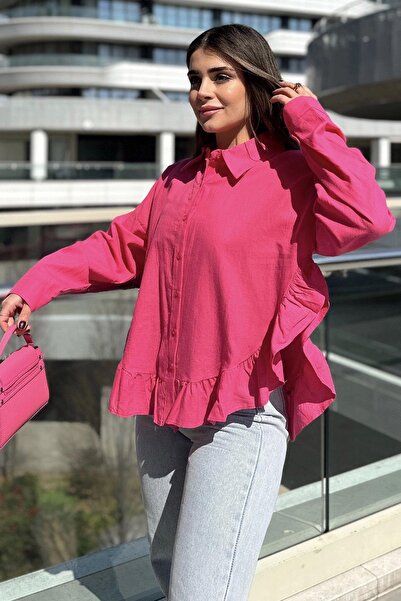 NEW LAVİVA Kadın Fuşya Eteği Fırfır Ve Yırtmaç Detaylı, Terletmez Rahat Kumaş, Salaş Gömlek ( Pamuklu Keten)