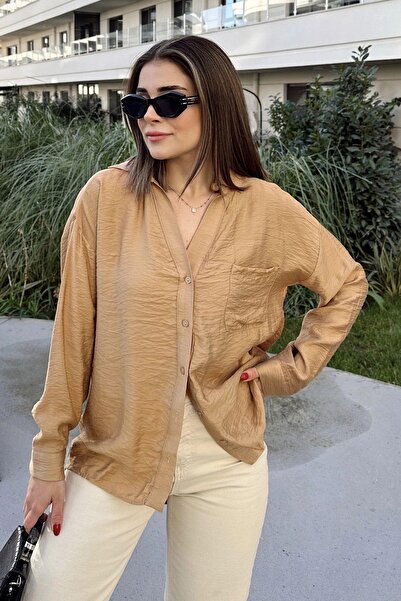 NEW LAVİVA Дамска блуза с V-образно деколте, дълъг ръкав, плат Airobin, плисирана гръбна част, свободна кройка