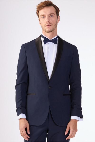 Dufy Navy Blue Men's Modern Fit Striped Shawl Collar Tuxedo Suit - 61328