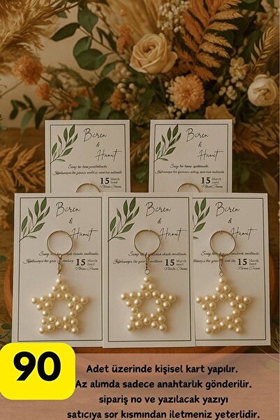 Emtory Home 15 Adet Uzun Zincirli İnci Yıldız Anahtarlık - Kişiye Özel Yazı -...