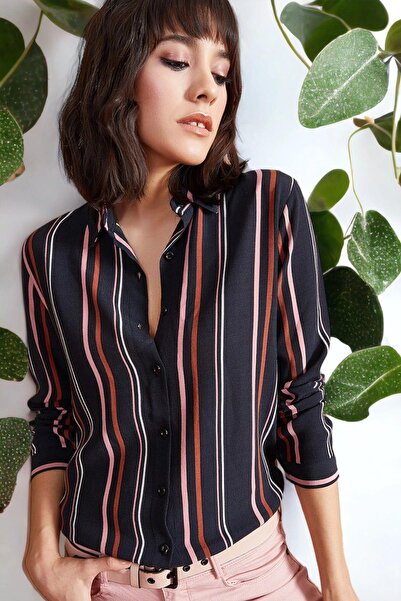 NEW LAVİVA Women's Black Casual Style Striped Long Sleeve Shirt (Straight Fit...