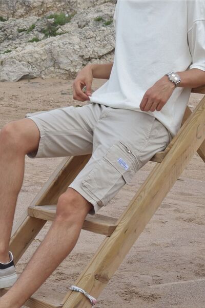 inpool Erkek Bej Arkası Lastikli Kargo Cep Detay Şort & Bermuda