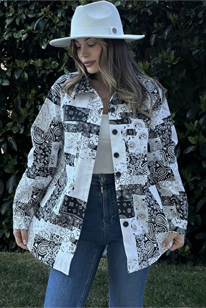 NEW LAVİVA Kadın Siyah Desenli Gabardin Kumaş, Eteği Oval Kesim, Cepli, Overs...