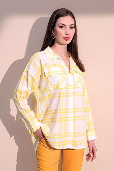 NEW LAVİVA Cămașă cu mânecă lungă, galbenă, elegantă, în carouri, cu buzunar ...