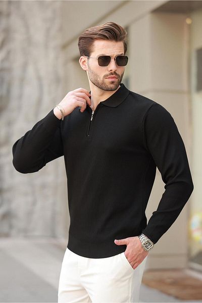 Madmext Men's Polo Collar Zippered Long Sleeve Sweater 7240