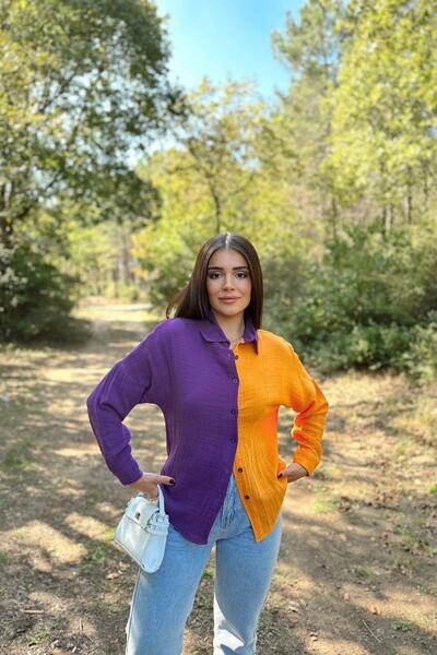 NEW LAVİVA Țesătură de muselină violet și portocaliu pentru femei, bloc dublu, fustă ovală, mânecă lungă, cămașă cu croială normală