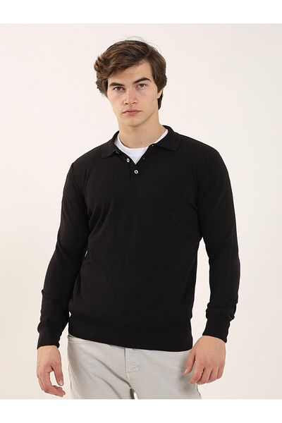 Dufy Black Men's Slim Fit Plain Classic Polo Neck Knitwear - 91147