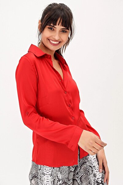 NEW LAVİVA Women's Red Comfortable Classic Collar Long Sleeve Straight-Fit Standard Length Shirt