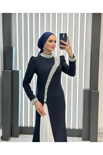 MERETTO By Akıl Πέτρινος κεντημένος γιακάς δικαστή 1ης ποιότητας με επένδυση Suzana υφασμάτινο μακρύ βραδινό φόρεμα Hijab