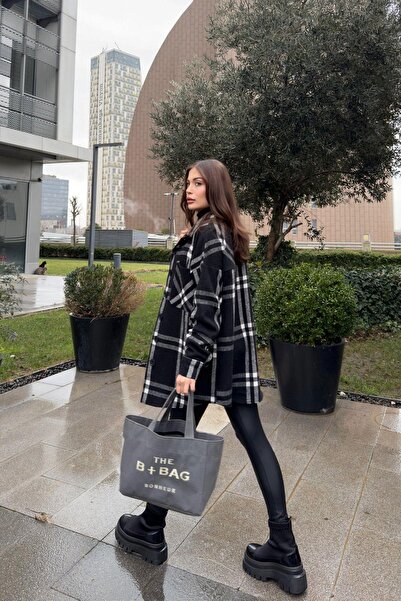 NEW LAVİVA Buzunar dublu negru pentru femei, model în carouri, potrivire confortabilă, cămașă cu ștampilă lungă