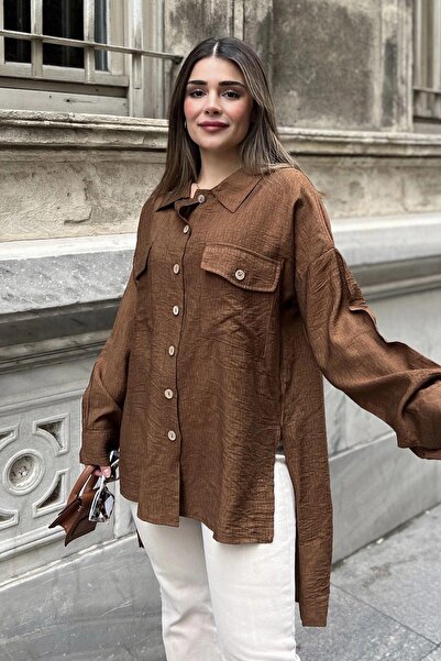 NEW LAVİVA Γυναικείο μανίκι με μπαλόνι καφέ, πλισέ, σπαστό, υπερμεγέθη, λινό πουκάμισο τουνίκ