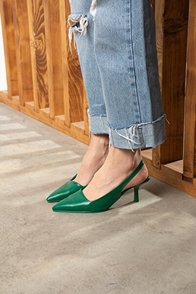 Nstil Daily Women's Green Pointed Toe Flat Patternless Open Back Heeled Zara Model Evening Dress Shoes 101a