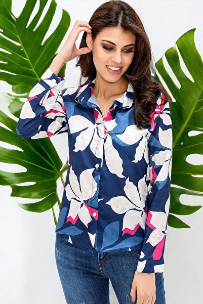NEW LAVİVA Жіноча синя сорочка з поліестеру з квітковим візерунком - довгі ру...