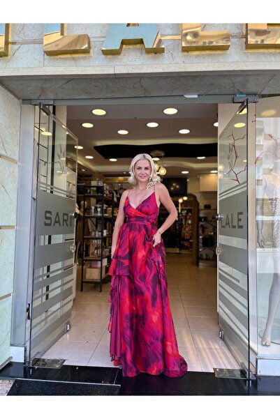 Eva Fashion Fukszia mintás hosszú estélyi ruha mélyen dekoltált szárakkal