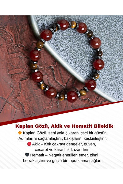 Saff Doğal Taş Sertifikalı Kaplan Gözü, Akik ve Hematit Bileklik – Güç, Cesar...