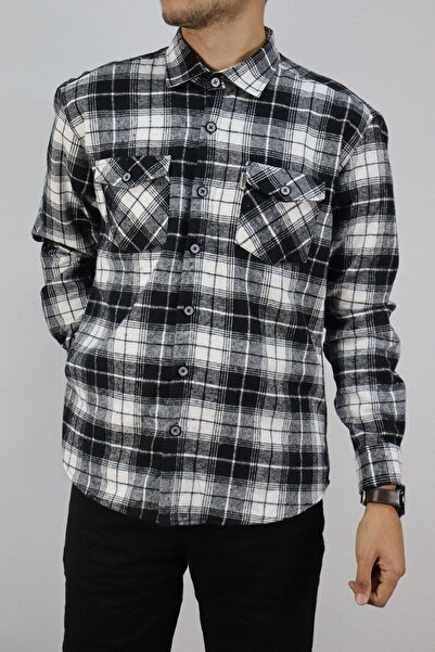 inpool Cămașă albă pentru bărbați, cu guler obișnuit, cu mânecă lungă, cu buzunar dublu, cămașă în carouri