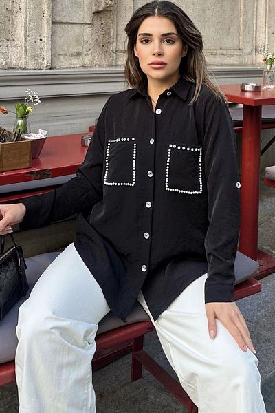 NEW LAVİVA Black Pearl Decorated Women's Shirt - Double Pocket and Pleated Back Detail, Sweat-Proof