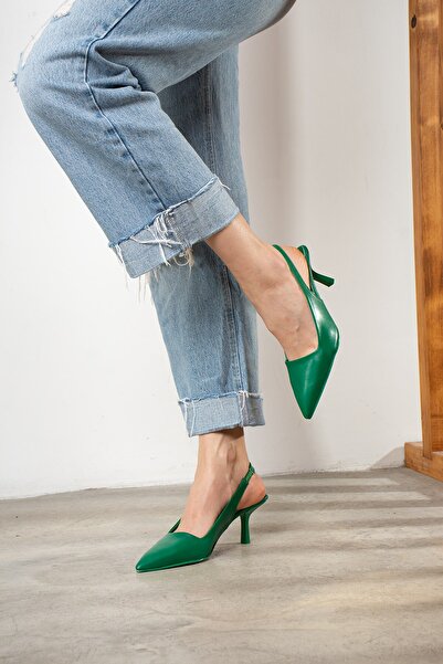 Nstil Daily Women's Green Pointed Toe Flat Patternless Open Back Heeled Zara Model Evening Dress Shoes 101a