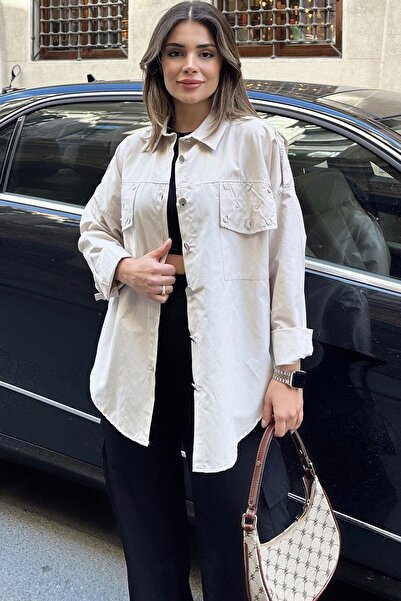 NEW LAVİVA Beige Women's Poplin Shirt - Epaulet and Staple Detail, Anti-Sweat, Loose Cut