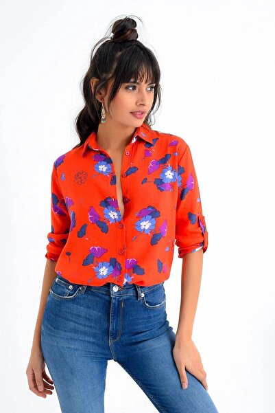 NEW LAVİVA Women's Coral Flower Patterned Long Sleeve Regular Cut Standard Size Shirt