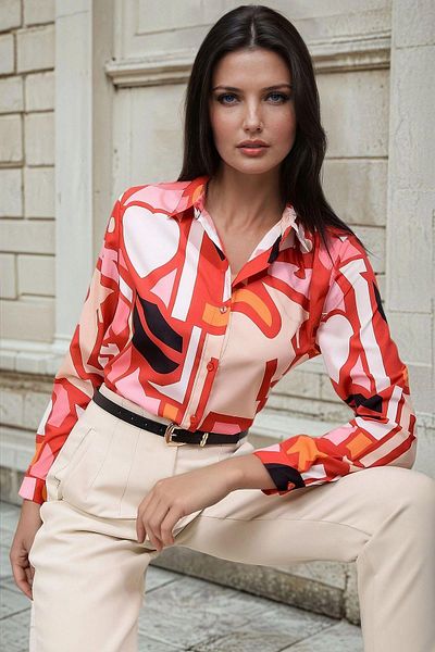 NEW LAVİVA Cămașă cu mânecă lungă, multicoloră, cu model geometric, croială clasică