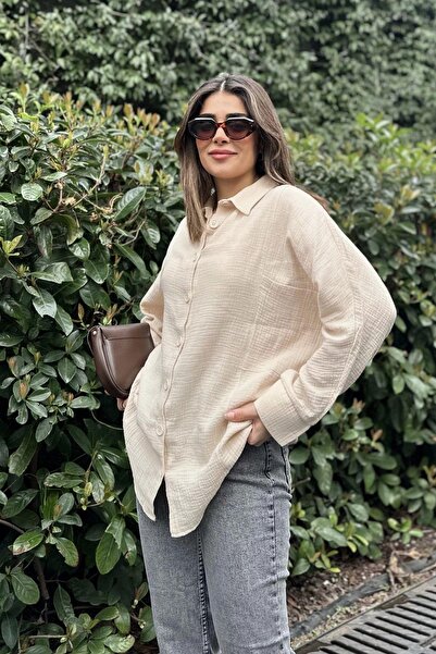 NEW LAVİVA Women's Beige Bat Sleeve, Pocket Detail, Loose Muslin Shirt