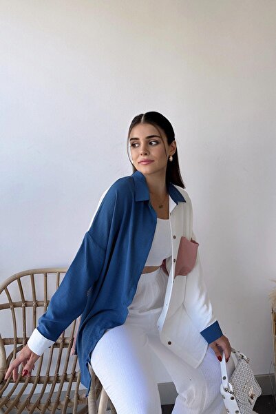 NEW LAVİVA Cămăși supradimensionate pentru femei, cu mâneci lungi, cu detalii în bloc de culoare, cu buzunare, cămașă lungă tunică