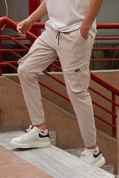 inpool Men's Cotton Elastic Waist Cargo Trousers with Elastic Leg Detail