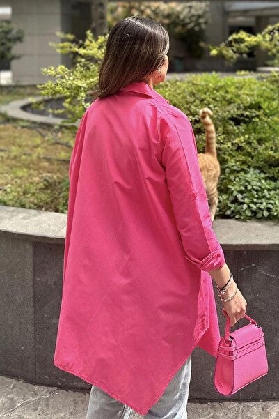 NEW LAVİVA Fuchsia Asymmetrical Cut Long Sleeve Cotton Tunic Shirt