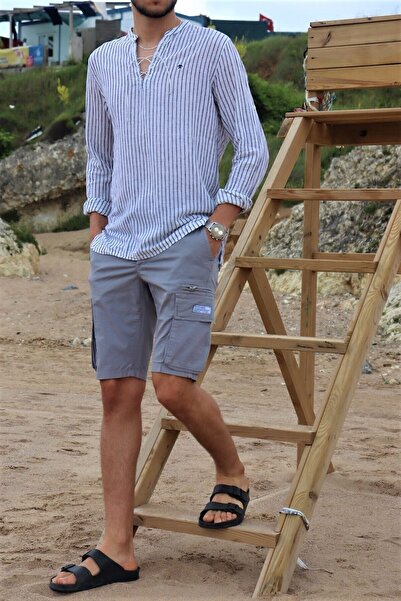 inpool Erkek Gri Arkası Lastikli Kargo Cep Detay Şort & Bermuda