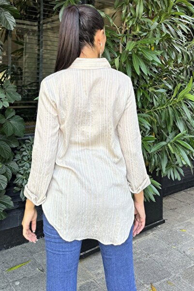 NEW LAVİVA Women's Beige Long Sleeve Special Fabric Single Pocket Shirt Upright Striped Long Back Basic Cut Shirt