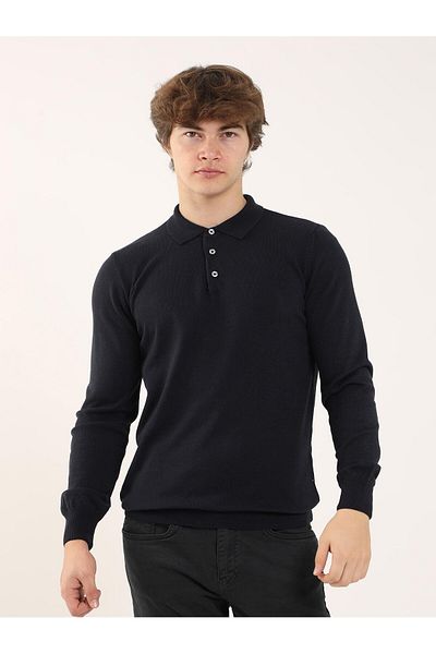 Dufy Navy Blue Men's Slim Fit Plain Classic Polo Neck Sweater - 91142