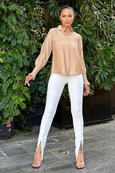 NEW LAVİVA Mink Satin Pleat Detailed Long Sleeve Blouse