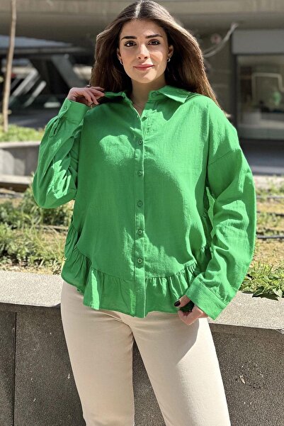 NEW LAVİVA Cămașă verde pentru femei - Fustă cu volan, Detaliu cu fante, țesătură anti - transpirație, lejeră (in bumbac)