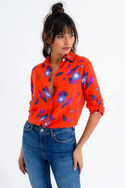 NEW LAVİVA Women's Coral Flower Patterned Long Sleeve Regular Cut Standard Size Shirt