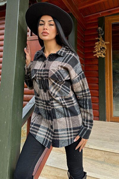 NEW LAVİVA Кафяв тартан модел, мека текстура, свободна кройка, риза в стил дървосекач