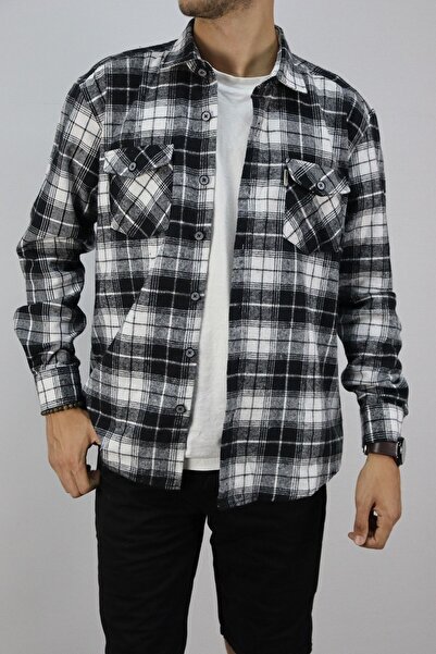 inpool Cămașă albă pentru bărbați, cu guler obișnuit, cu mânecă lungă, cu buzunar dublu, cămașă în carouri