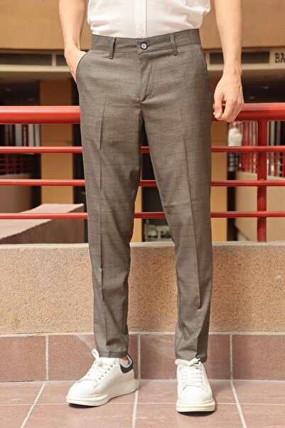 inpool Ανδρικό παντελόνι με καρό μοτίβο βιζόν με λεπτή εφαρμογή από πολυβίσκο