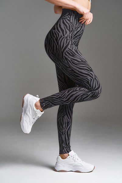 Moije Women's Ribbed Slim Leg Slim Zebra Patterned High Waist Gathering Black Anthracite Leggings Trousers
