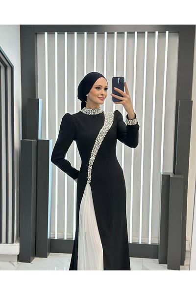 MERETTO By Akıl Stone Embroidered Judge Collar 1St Quality Lined Suzana Fabric Long Evening Dress Hijab Dress