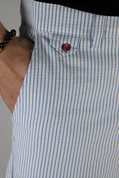 inpool Men's White Blue Slim Fit Seersucker Striped Casual Stretch Shorts with Side Pockets