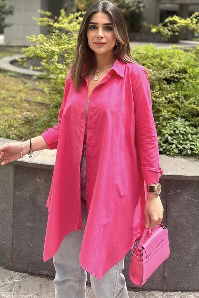 NEW LAVİVA Fuchsia Asymmetrical Cut Long Sleeve Cotton Tunic Shirt