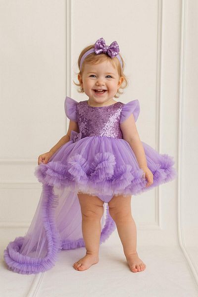 Hobidik Purple Sequin Sequin Non-Removable Tailed Baby Kids Birthday, Special Occasion Dress