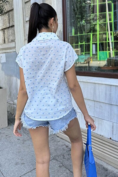 NEW LAVİVA Cămașă de in Indigo - Croială relaxată, mânecă scurtă, broderie evazată