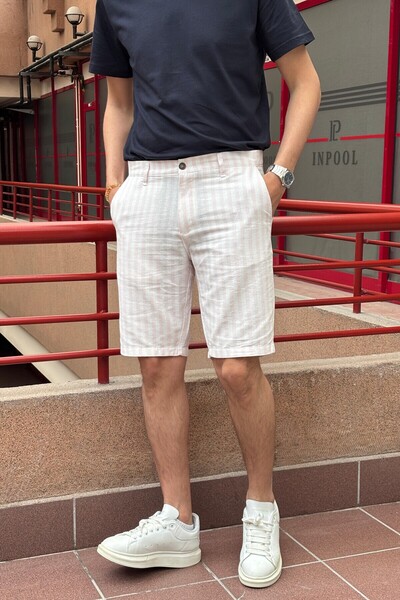 inpool Καλοκαιρινό φαρδύ ροζ ριγέ βαμβακερό λινό σορτς