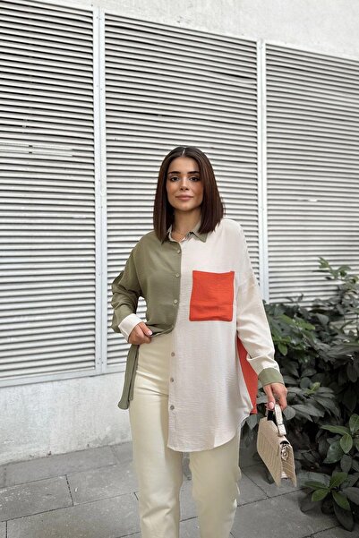 NEW LAVİVA Kadın Haki & Oranj Uzun Kol Detaylı Renk Bloklu Oversize Gömlek Cepli Uzun Tunik Gömlek