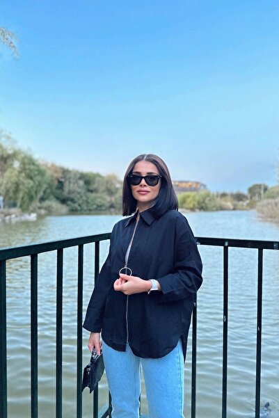 NEW LAVİVA Дамска черна блуза с дълъг ръкав, цип, овална кройка, свободна кройка