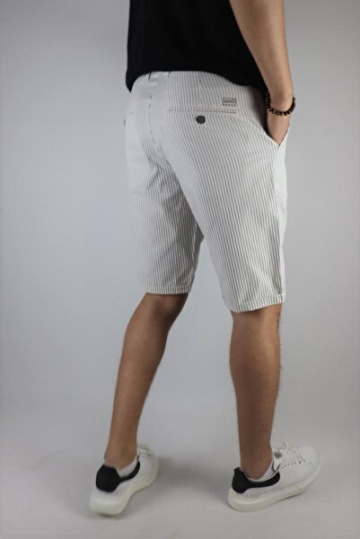 inpool Men's White Gray Slim Fit Seersucker Striped Casual Stretch Shorts with Side Pockets